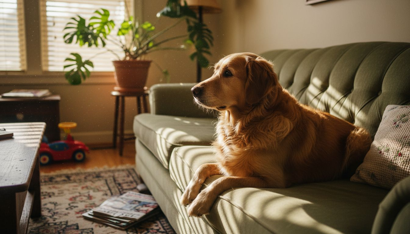 Dog gazing calmly in sunlit living room