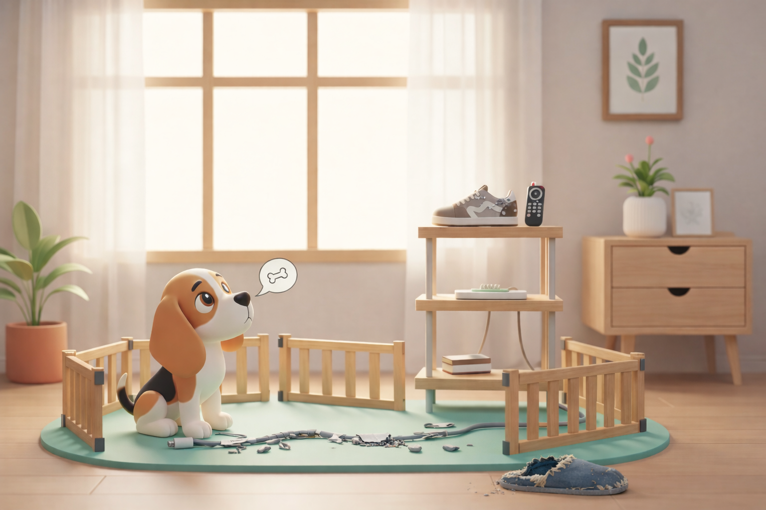 Dog puppy chewing furniture and home objects